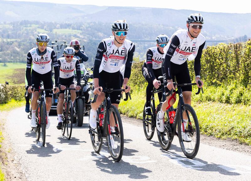 Tadej Pogacar, centre, and his UAE Team Emirates teammates during a training and track reconnaissance session ahead of the Liege-Bastogne-Liege. AFP