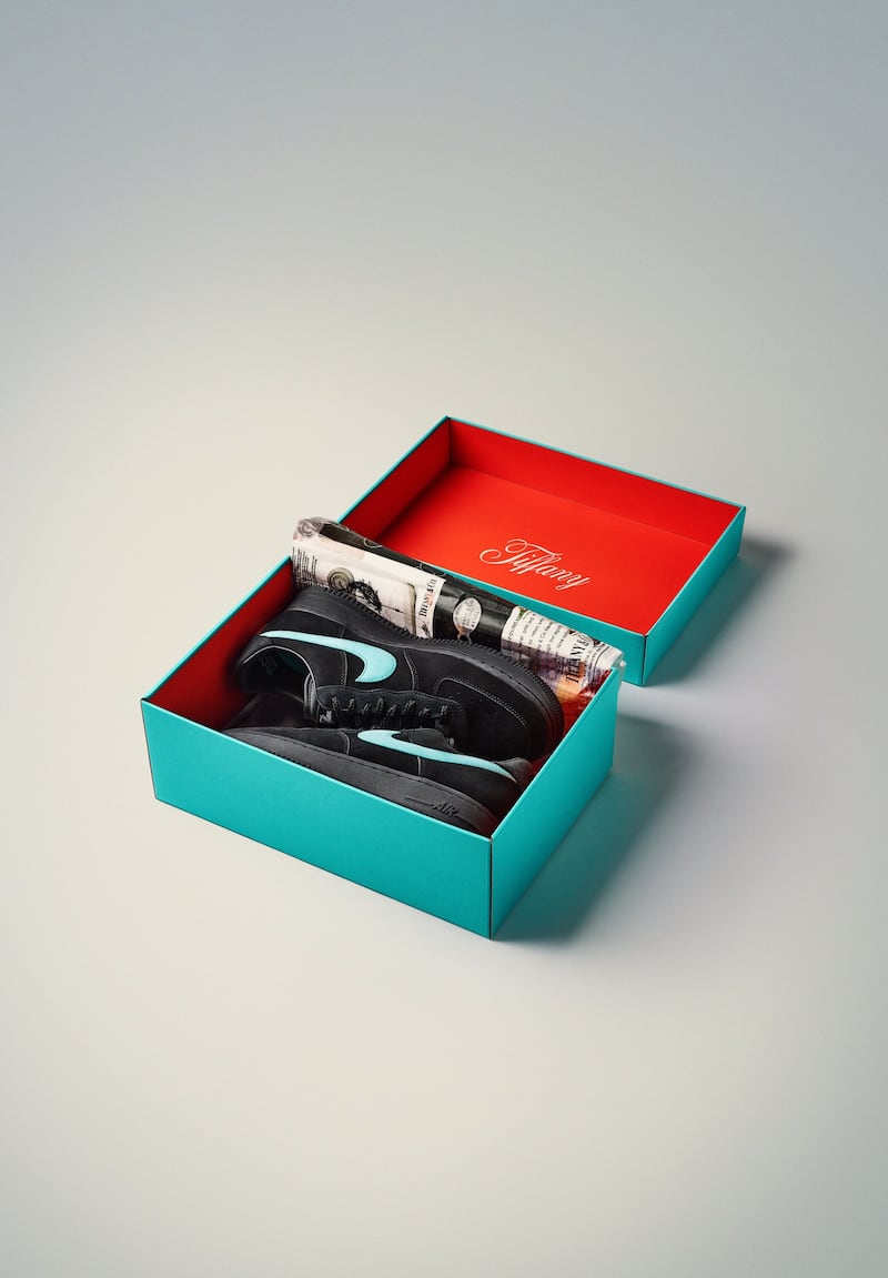 The shoes will arrive in a red-lined Tiffany Blue box