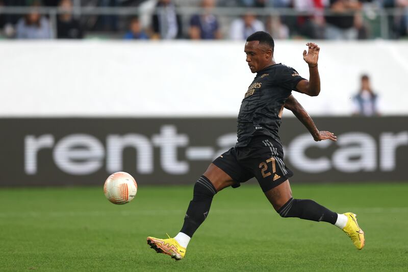 ST GALLEN, SWITZERLAND - SEPTEMBER 08: Marquinhos of Arsenal scores their team's first goal during the UEFA Europa League group A match between FC Zürich and Arsenal FC at Kybunpark on September 08, 2022 in St Gallen, Switzerland. (Photo by Christian Kaspar-Bartke / Getty Images)