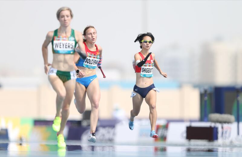 (L-R) Anrune Weyers of South Africa, Anastasiia Solovena of Russia and Sae Shigemoto of Japan in action during the Women's 400m T47 at the World Para Athletics Championships in Dubai, United Arab Emirates.  EPA