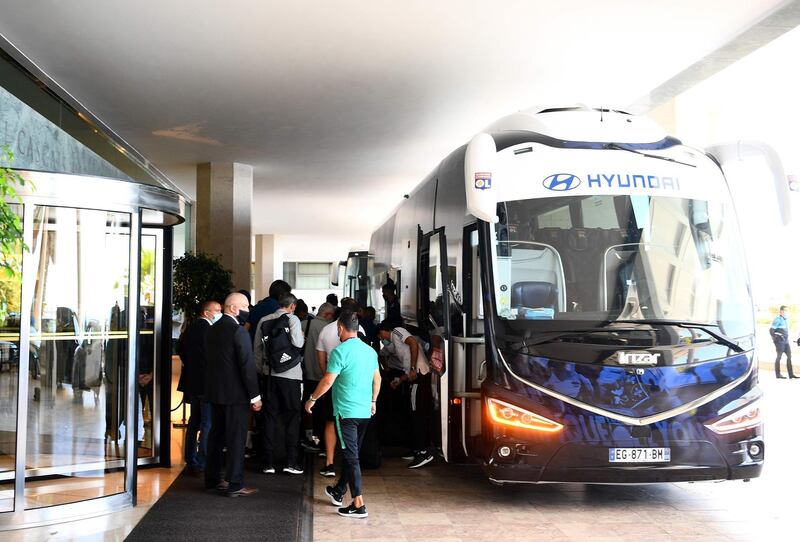 Lyon's players arrive at the team hotel in Cascais ahead of the match against Manchester City. AFP