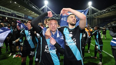 PRESTON, ENGLAND - APRIL 29: Jamie Vardy and Conor Coady of Leicester City celebrate at full-time following the team's victory to win the title following the Sky Bet Championship match between Preston North End and Leicester City at Deepdale on April 29, 2024 in Preston, England. (Photo by Alex Livesey / Getty Images) (Photo by Alex Livesey / Getty Images)