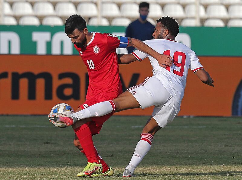 Lebanon midfielder Mohamad Haidar under pressure from UAE midfielder Tahnoon Al Zaabi. AFP
