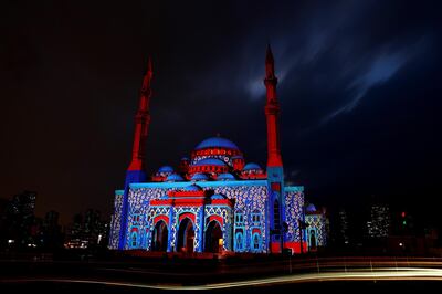 SHARJAH, UNITED ARAB EMIRATES - FEBRUARY 11: A general view of Al Noor Mosque during the Sharjah Light Festival on February 11, 2020 in Sharjah, United Arab Emirates. (Photo by Francois Nel/Getty Images)