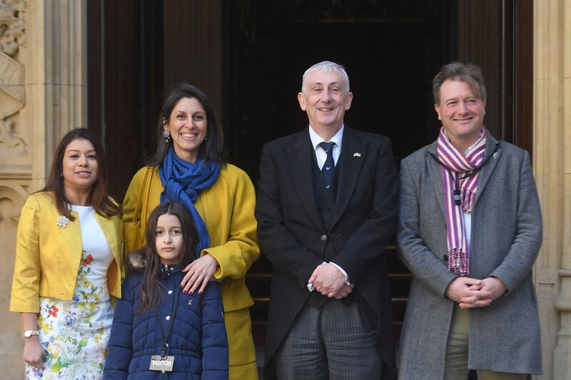 MP Tulip Siddiq, Nazanin Zaghari-Ratcliffe, her daughter Gabriella and her husband Richard Ratcliffe, alongside Speaker of the House of Commons Lindsay Hoyle. AFP