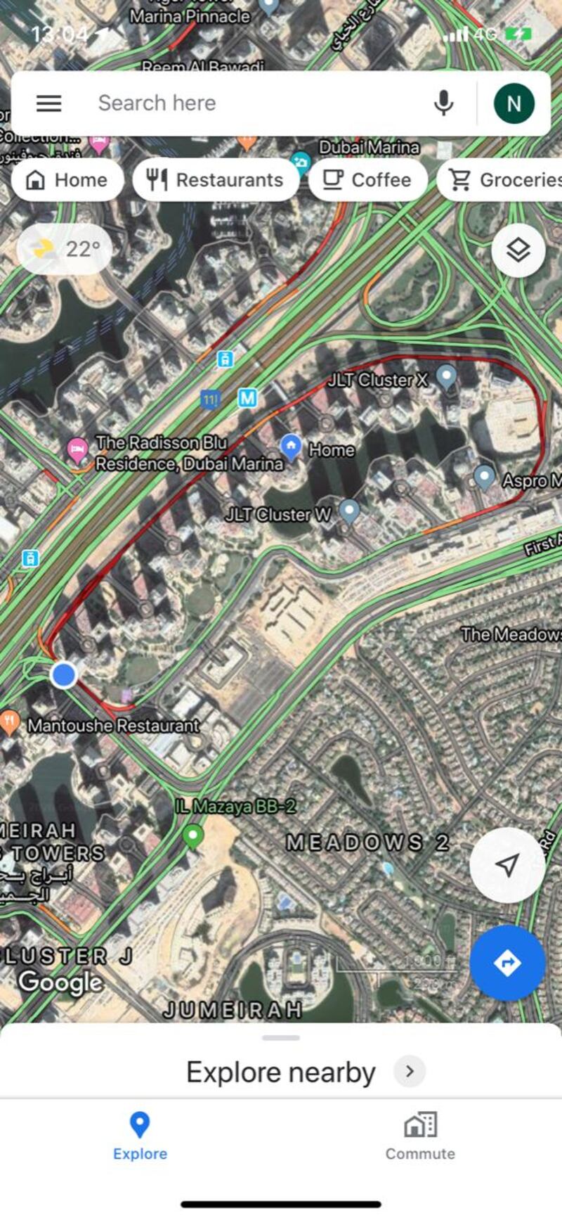 Google Maps reports heavy traffic in JLT, Dubai. Courtesy Google Maps  