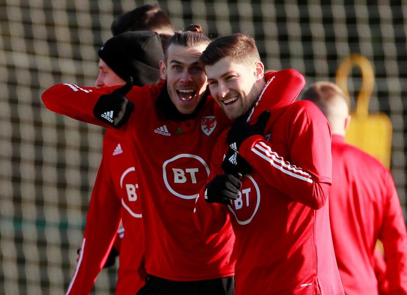 Wales stars Gareth Bale and Ben Davies during training. Reuters