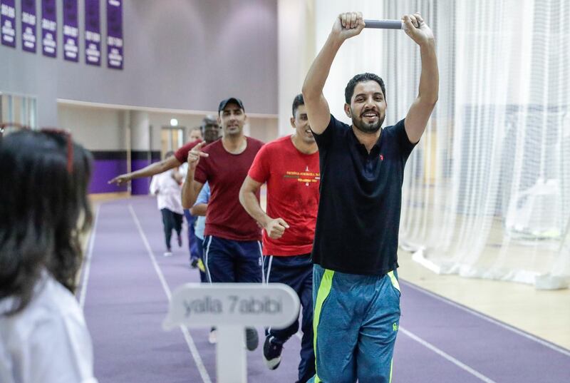 Abu Dhabi, United Arab Emirates, June 20, 2019.  Refugee day relay at NYUAD 
One of the participants has set his personal goal for the relay race at 40-50kms. He will be running from 7am-10am and then again in the afternoon from 4pm onwards. --  Participants of the relay in action.
Victor Besa/The National
Section:  NA
Reporter:  Haneen Dajani