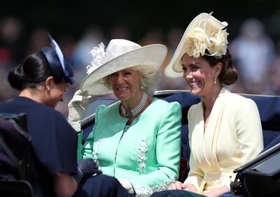Camilla, Duchess of Cornwall, Catherine, Duchess of Cambridge and Meghan, Duchess of Sussex take part in the Trooping the Colour parade in central London, Britain June 8, 2019. REUTERS/Hannah Mckay