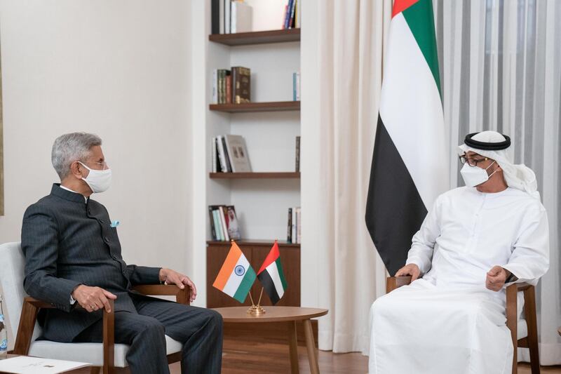 ABU DHABI, UNITED ARAB EMIRATES - November 25, 2020: HH Sheikh Mohamed bin Zayed Al Nahyan, Crown Prince of Abu Dhabi and Deputy Supreme Commander of the UAE Armed Forces (R) meets with HE Subrahmanyam Jaishankar, Minister of External Affairs of India (L), at Al Shati Palace.

( Rashed Al Mansoori / Ministry of Presidential Affairs )
---