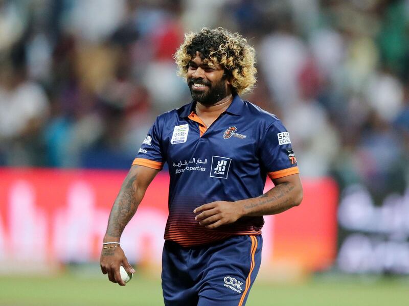 Abu Dhabi, United Arab Emirates - November 24, 2019: Arabians' Lasith Malinga smiles during the final between the Deccan Gladiators and the Maratha Arabians in the Abu Dhabi T10 league. Sunday, November 24th, 2017 at Zayed Cricket Stadium, Abu Dhabi. Chris Whiteoak / The National