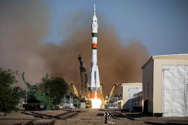 Hazza Al Mansouri and his fellow astronauts will journey to the International Space Station on a Soyuz craft from Baikonur Cosmodrome on Wednesday. AP    
