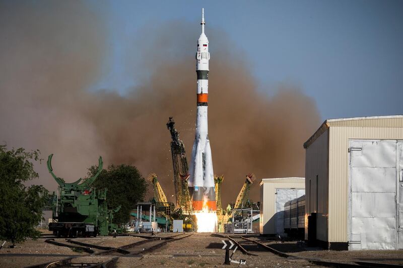 In this photo taken on Thursday, Aug. 22, 2019, and distributed by Roscosmos Space Agency Press Service, the Russian Progress 73 cargo ship blasts off from the launch pad at Russia's space facility in Baikonur, Kazakhstan.  The new Russian rocket, that is expected to replace the current model sending manned missions into space, blasted off from Kazakhstan on Thursday, carrying a Soyuz capsule with a humanoid robot. (Roscosmos Space Agency Press Service photo via AP)