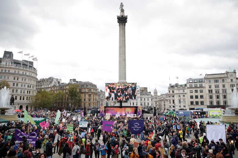 Climate activists gather in Trafalgar Square, London, on November 6. Protests are being held in many cities around the world as the first week of Cop26 comes to an end. Photo: AP