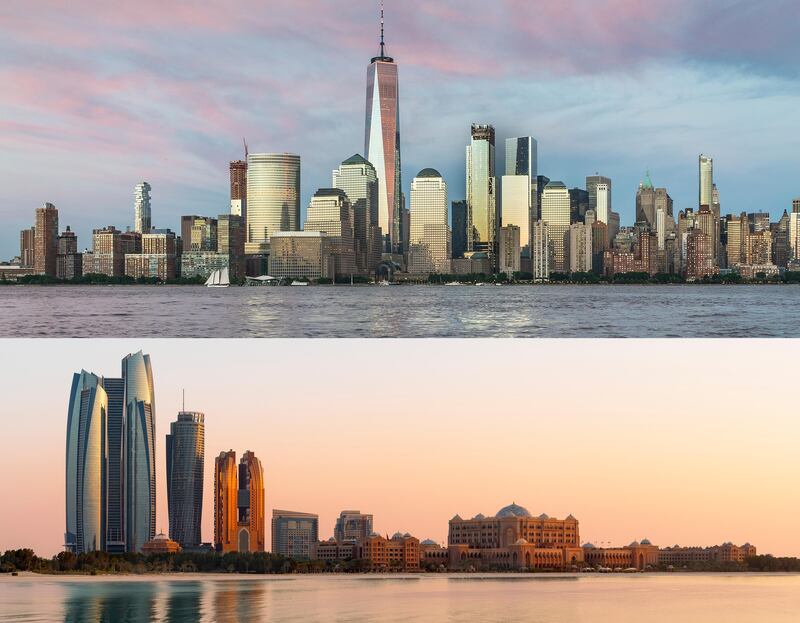 TOP: There are many skyscrapers in Lower Manhattan dating back to the 1920's and 1930's when it was concentrated with financial institutions. These older towers seem small in comparison to One World Trade Center and other modern skyscrapers at World Trade Center and Brookfield Place. This view is from Exchange Place in Jersey City, New Jersey across the Hudson River.

BOTTOM: Abu Dhabi skyline from the Breakwater at dusk.

Getty Images