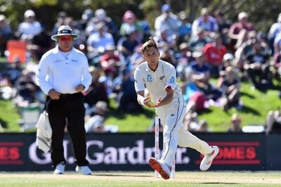 CHRISTCHURCH, NEW ZEALAND - APRIL 01: Trent Boult of New Zealand fields the ball off his own bowling during day three of the Second Test match between New Zealand and England at Hagley Oval on April 1, 2018 in Christchurch, New Zealand.  (Photo by Kai Schwoerer/Getty Images)