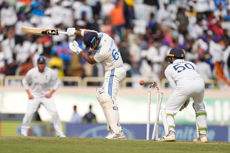 India's Yashasvi Jaiswal is bowled by England's Shoaib Bashir. AP