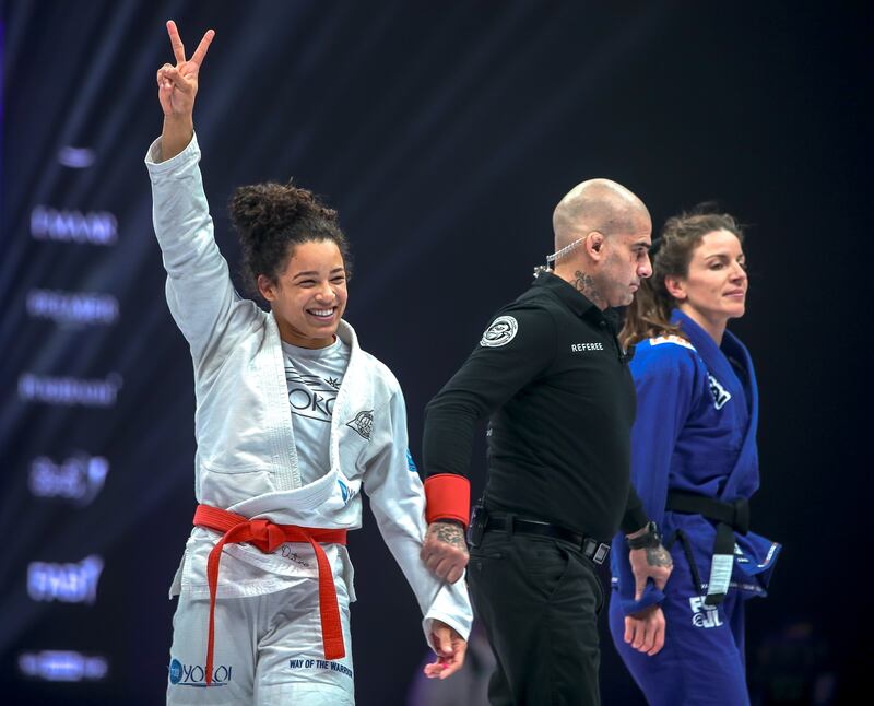 Julia Alves of Brazil, white, after her win over Violeta Angelova of Bulgaria in the 62kg gold medal match