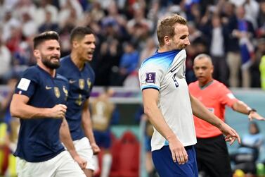 Harry Kane of England reacts after failing to score his second penalty during the FIFA World Cup 2022 quarter final soccer match between England and France at Al Bayt Stadium in Al Khor, Qatar, 10 December 2022.   EPA / Noushad Thekkayil
