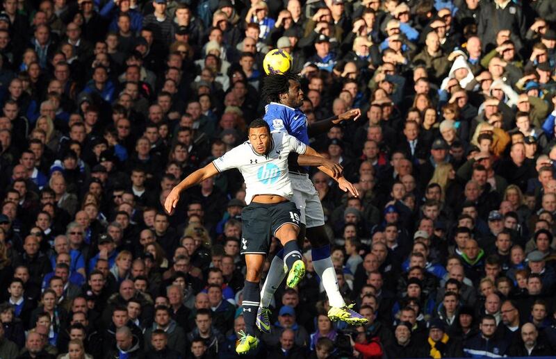 Everton’s Belgian striker Romelu Lukaku, right, tangles with Tottenham Hotspur’s Belgian midfielder Mousa Dembele during an English Premier League football match at Goodison Park in Liverpool, England, on November 3, 2013. The game ended 0-0. Paul Ellis / AFP photo