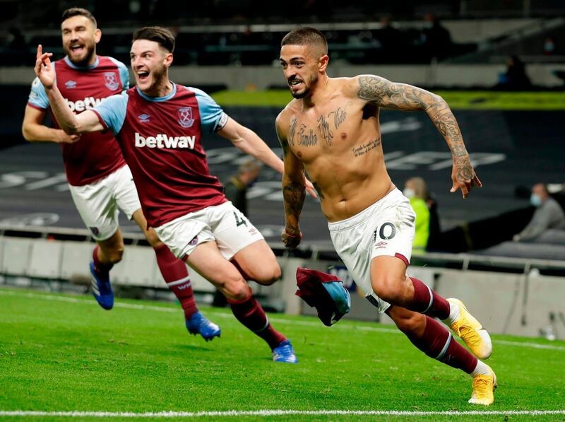 Manuel Lanzini, right, after his thunderbolt strike earned West Ham United a 3-3 draw at Tottenham Hotspur. AFP