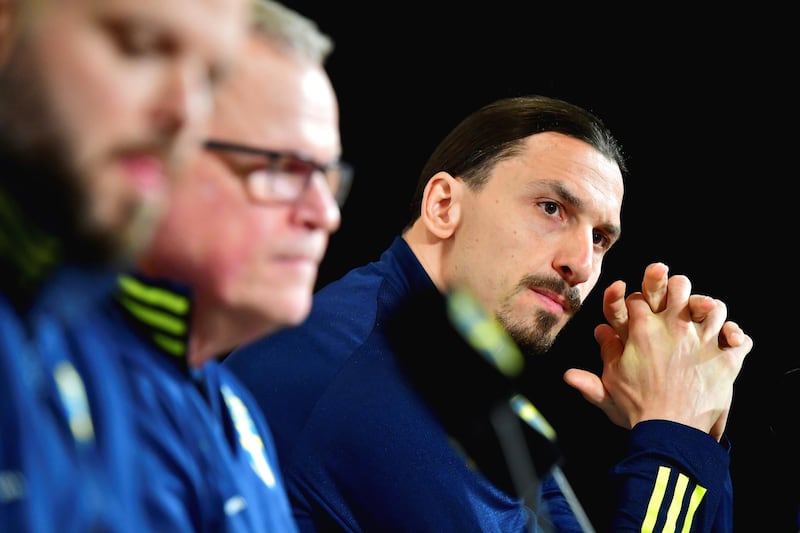 Sweden's Zlatan Ibrahimovic and head coach Janne Andersson in Stockholm. Sweden will face Georgia in their World Cup qualifier on March 25. EPA