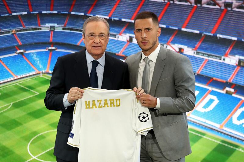MADRID, SPAIN - JUNE 13:  New Real Madrid signing Eden Hazard is unveiled by Florentino Perez, President of Real Madrid at Estadio Santiago Bernabeu on June 13, 2019 in Madrid, Spain. (Photo by Angel Martinez/Getty Images)