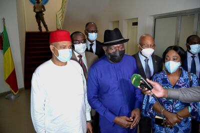 Goodluck Jonathan, former Nigerian president and head of ECOWAS mediators delegation for the Mali  crisis, speaks to journalists after his meeting with Vice President Colonel Assimi Goita, in Bamako, Mali, May 26, 2021. REUTERS/Amadou Keita