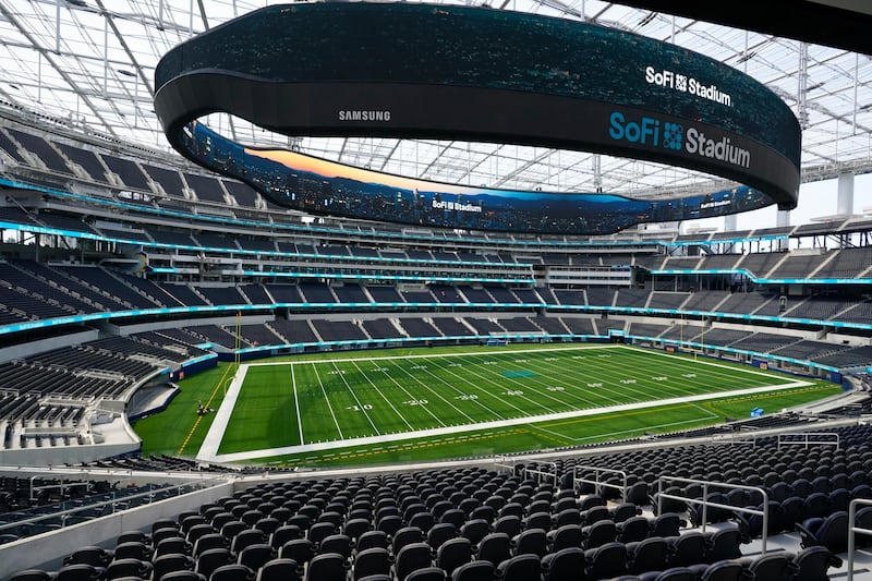 The videoboard at the ultramodern SoFi Stadium is the largest ever created, with 70,000 square feet of digital LED space. AP