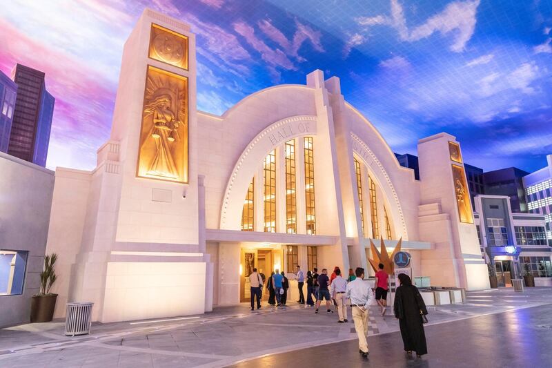 ABU DHABI, UNITED ARAB EMIRATES. 24 JULY 2018. Warner Brother World on Yas Island West. Media tour of the Warner Bros World Abu Dhabi opening. The Hall of Justice as the entrance to the Justice League ride. (Photo: Antonie Robertson/The National) Journalist: Haneen Dajani. Section: National.