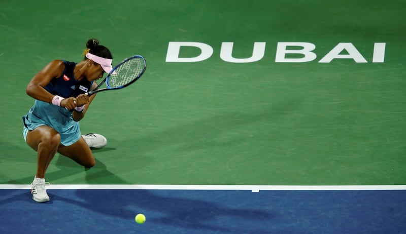 Japan's world No 1 Naomi Osaka in action during her 6-3, 6-3 second-round defeat to Kristina Mladenovic of France at the Dubai Duty Free Tennis Championships on Tuesday night. EPA