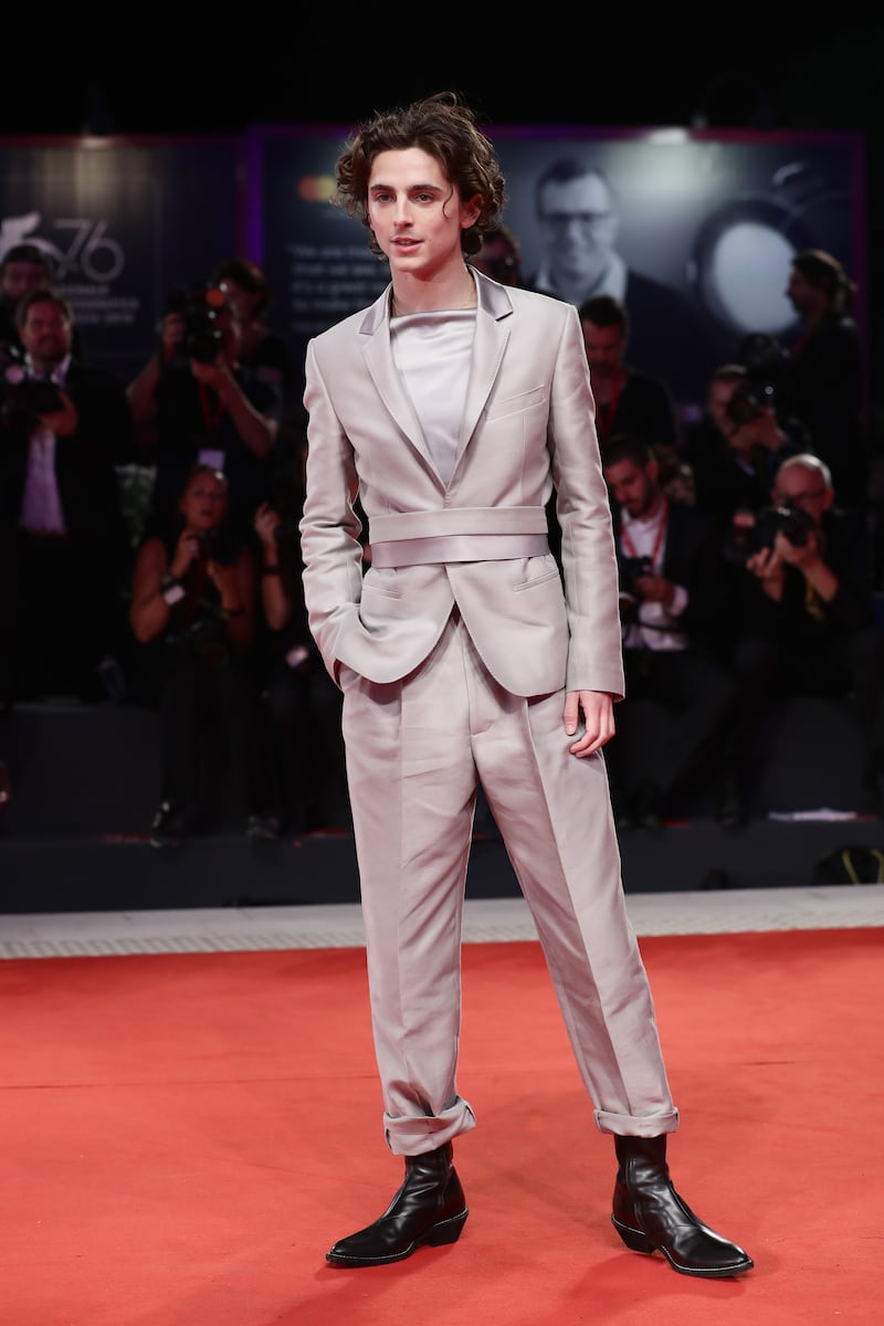 Timothee Chalamet wears Haider Ackermann in September 2019 to 'The King' premiere at the 76th Venice Film Festival. Getty Images