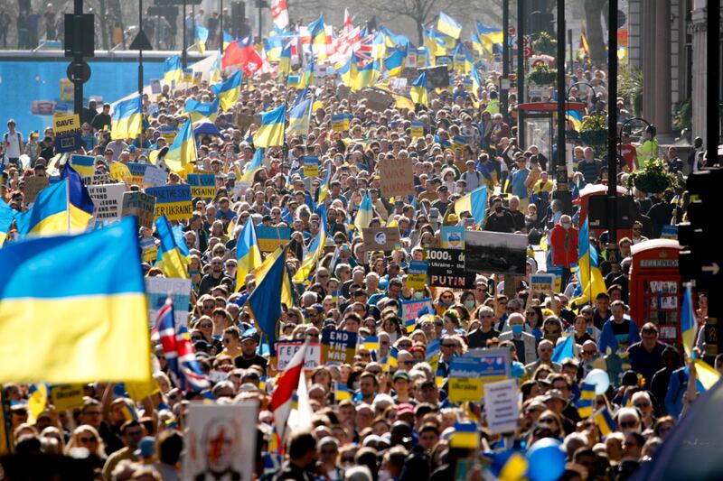 Demonstrators turn out for the 'London stands with Ukraine' march, called by the city's mayor Sadiq Khan.  AP