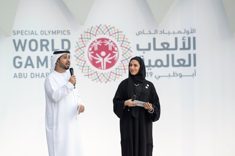 ABU DHABI, UNITED ARAB EMIRATES - March 14, 2019: Faisal Bin Huraiz (L) and Mariam Al Amiri (R) present during the opening ceremony of the Special Olympics World Games Abu Dhabi 2019, at Zayed Sports City. 
( Ryan Carter for the Ministry of Presidential Affairs )
---