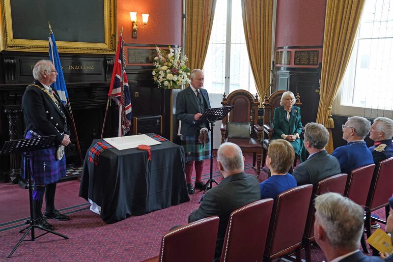 King Charles and Camilla, Queen Consort attend an official council meeting at the City Chambers in Dunfermline. Getty