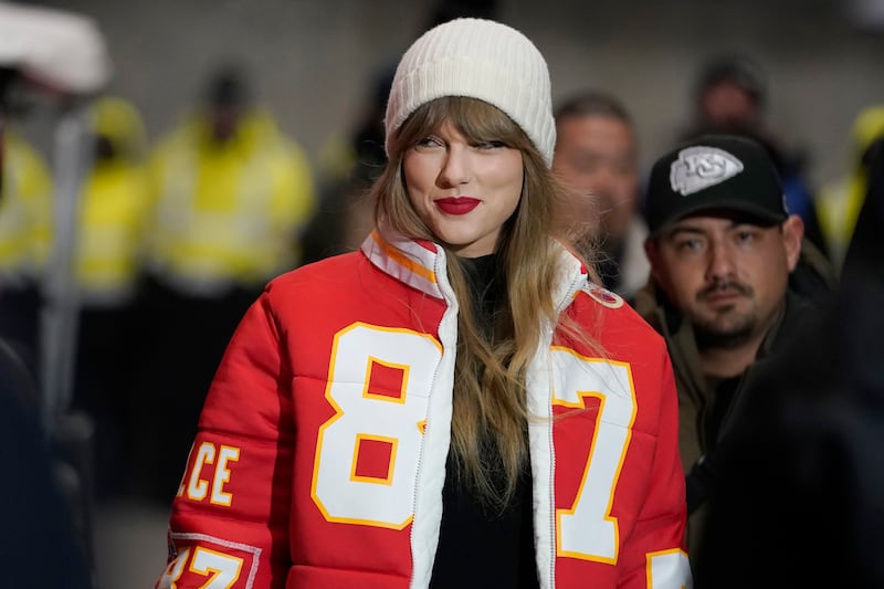 Taylor Swift in a custom-made jacket by Kristin Juszczyk. AP
