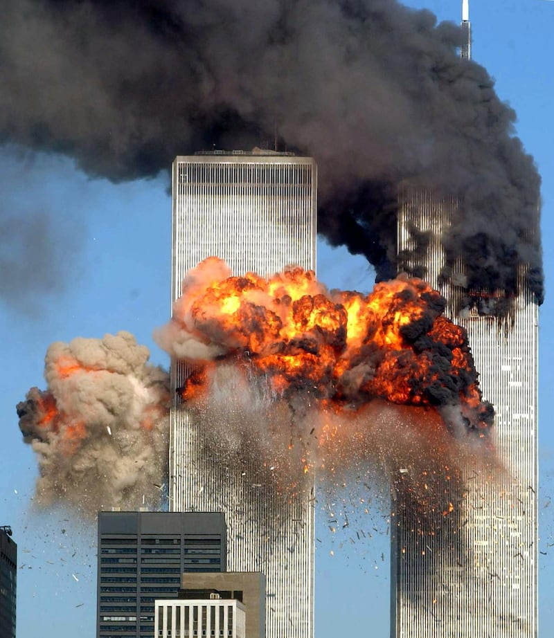 NEW YORK - SEPTEMBER 11: Hijacked United Airlines Flight 175 from Boston crashes into the south tower of the World Trade Center and explodes at 9:03 a.m. on September 11, 2001 in New York City. The crash of two airliners hijacked by terrorists loyal to al Qaeda leader Osama bin Laden and subsequent collapse of the twin towers killed some 2,800 people.   Spencer Platt/Getty Images/AFP