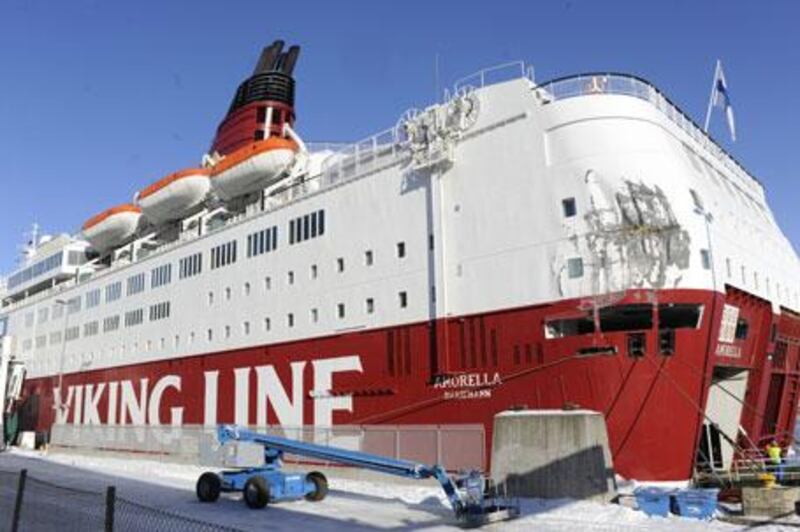 The Amorella ferry sits in port in Stockholm on Friday, March 5, 2010 after being in a collision with another ferry while it was stuck in ice in the Baltic sea.