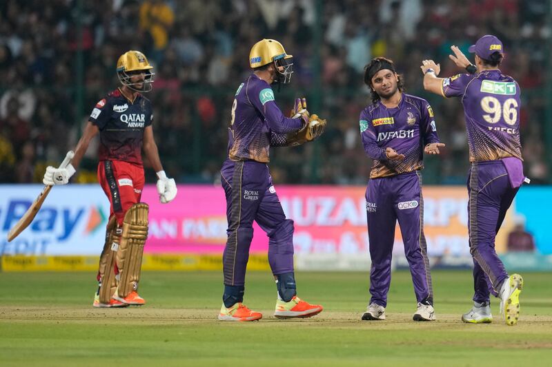 Kolkata Knight Riders' Suyash Sharma, second right, celebrates with teammates after the dismissal of Royal Challengers Bangalore's Shahbaz Ahmed on Wednesday, April 26, 2023. AP