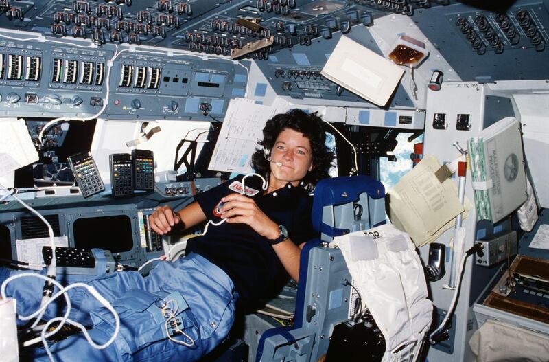 in 1983, space shuttle Challenger and the STS-7 crew launched from NASA’s Kennedy Space Center. With the launch, Mission Specialist Sally Ride became the first American woman to fly in space. The STS-7 crew, the first five-member crew, deployed two communications satellites and conducted experiments from the Shuttle Pallet Satellite. Ride, shown here floating in the Challenger flight deck, later described the launch as "exhilarating, terrifying and overwhelming all at the same time." Courtesy NASA
