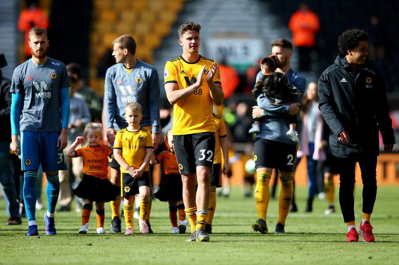 Leander Dendoncker of Wolverhampton Wanderers applauds fans after the Premier League match between Wolverhampton Wanderers and Fulham. Getty Images