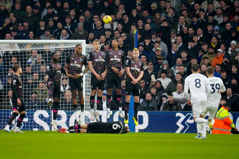Leeds United's Maximilian Woeber, right, takes a free kick. AP 