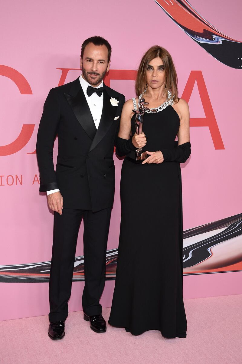Tom Ford and honoree Carine Roitfeld  arrives for the 2019 CFDA fashion awards at the Brooklyn Museum in New York City on June 3, 2019. Roitfeld  won the Founder's award in honor of Eleanor Lambert. AP