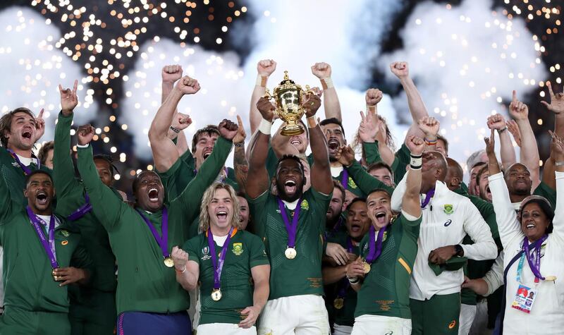 South Africa's Siya Kolis lifts the Webb Ellis cup after South After win the 2019 Rugby World Cup final match at Yokohama Stadium. PA Photo