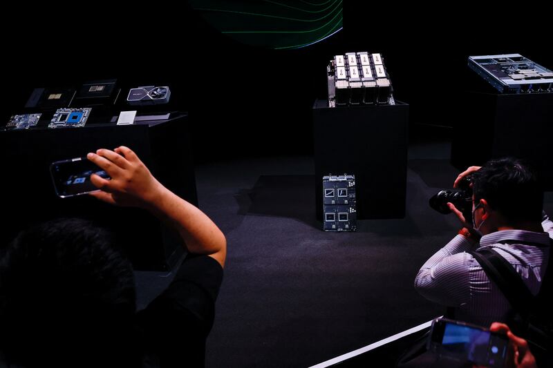 A Nvidia processor and super chips on display on stage at the Computex forum in Taipei, Taiwan. Reuters