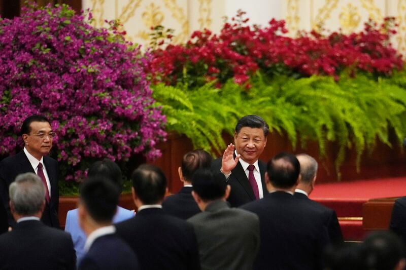 China's President Xi Jinping and Premier Li Keqiang at the Great Hall of the People in Beijing on the eve of the 73rd National Day holiday.  AP