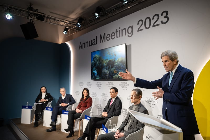 Mr Kerry delivers a speech at the Congress Centre in Davos. AFP