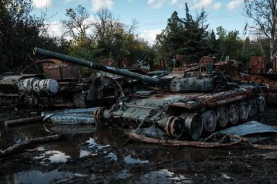 An abandoned Russian tank at a collection point for destroyed Russian military vehicles after it was taken over from Russian forces near Izyum, Kharkiv region. It is among the many losses Russia has sustained during its invasion of Ukraine. AFP