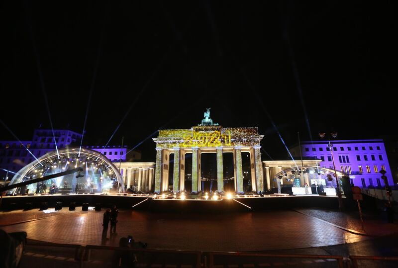 The Willkommen 2021 performance behind the Brandenburg Gate was held without a live audience. Getty Images