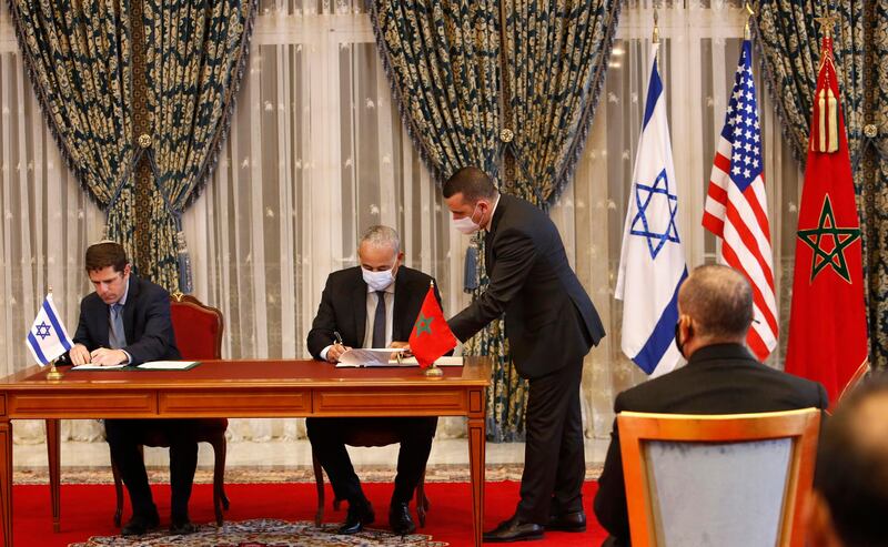 Morocco and Israel sign agreements on direct flights, financial cooperation, visa waivers for diplomats and water technology cooperation at the guest house next to the royal palace in Rabat, Morocco. Senior White House adviser Jared Kushner led a delegation from Israel to Morocco on Tuesday on the first known direct flight since the two countries agreed to establish full diplomatic ties earlier this month as part of a series of U.S.-brokered normalization accords with Arab countries.  AP